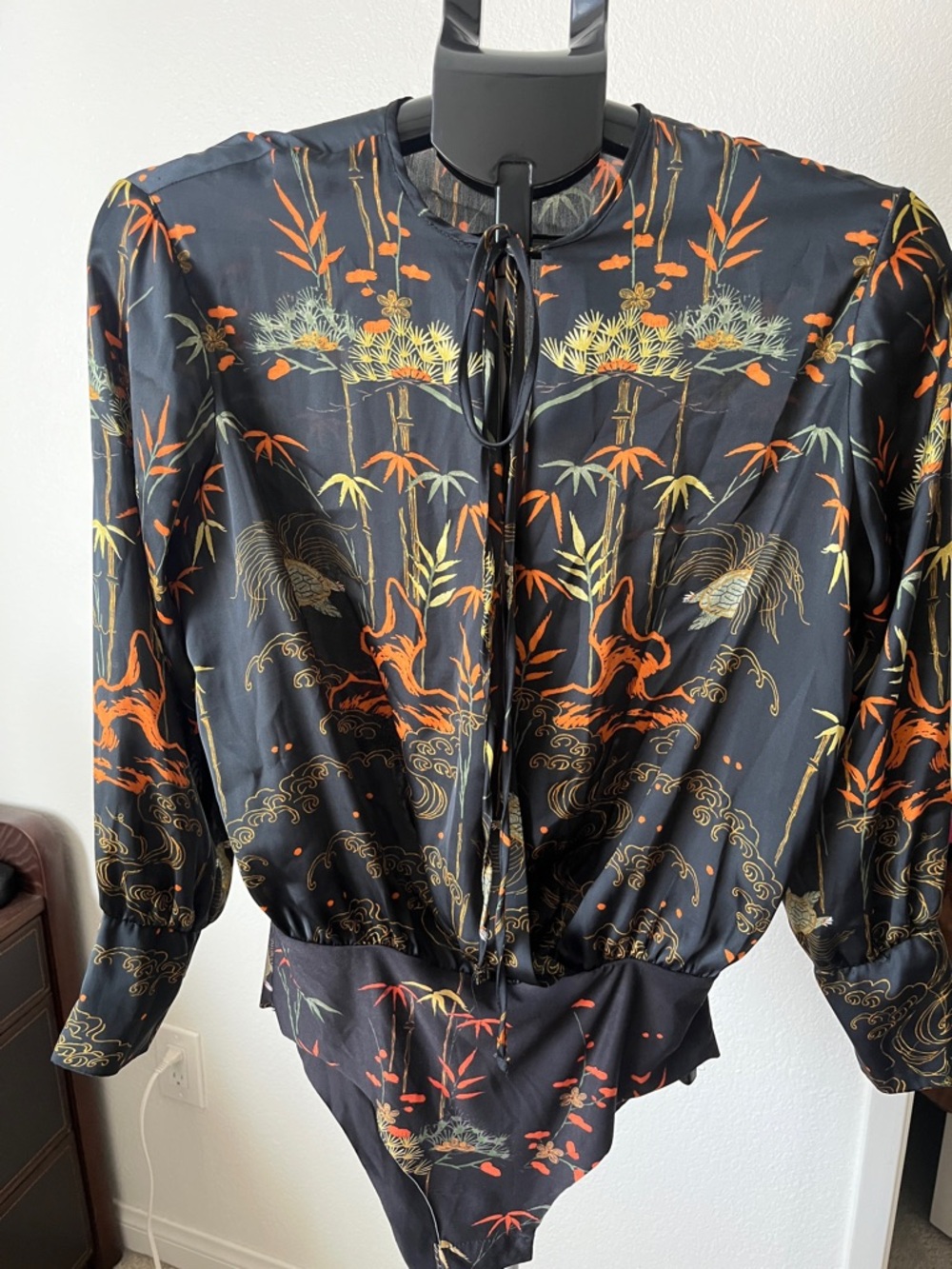 Zara Black Satin Oriental-Print Button Cuff Blouse